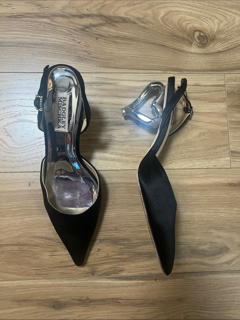 Badgley Mischka Black Satin Pointed Toe Slingback Heels with Silver Heart Heel